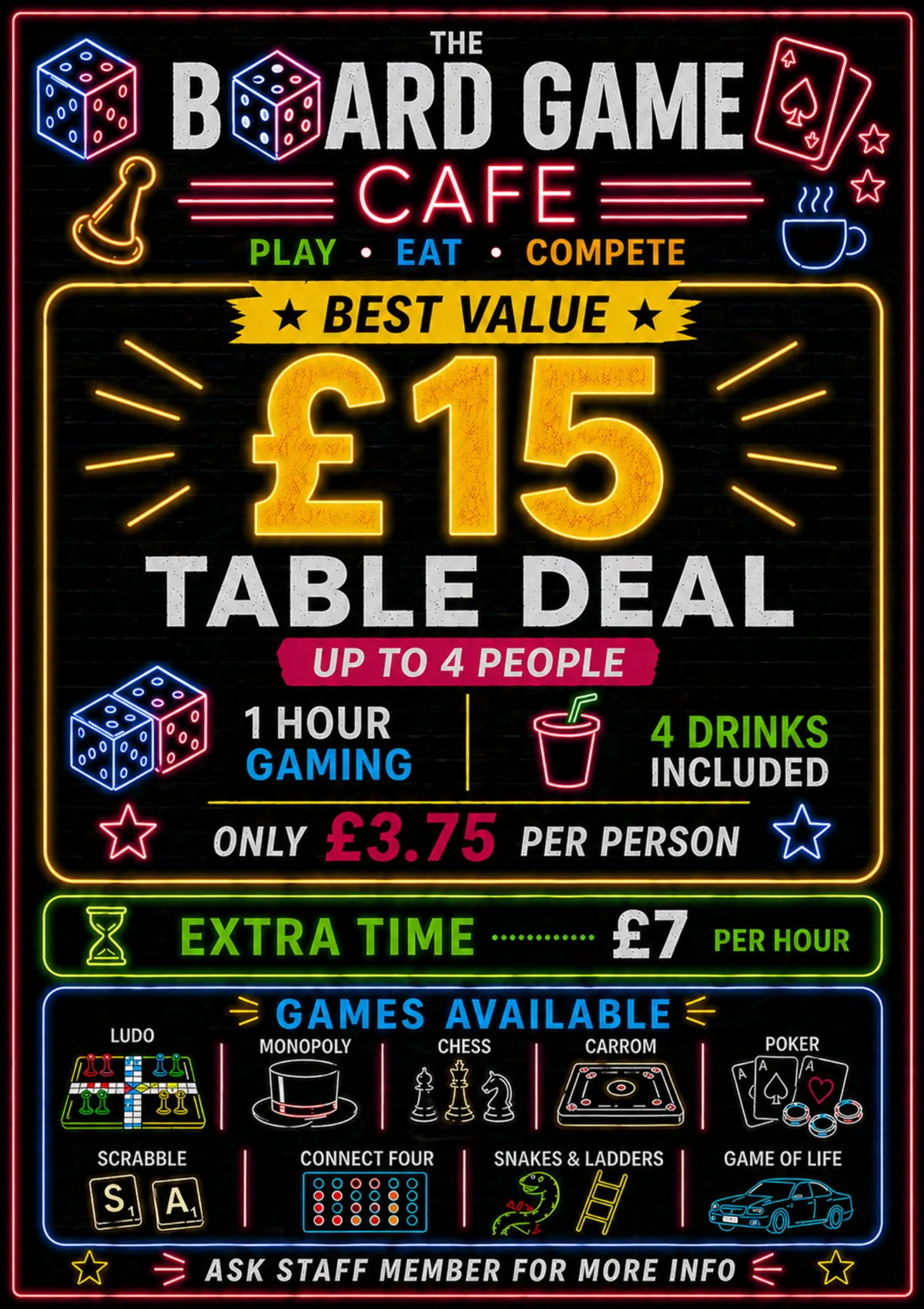 Game price poster for The Board Game Cafe